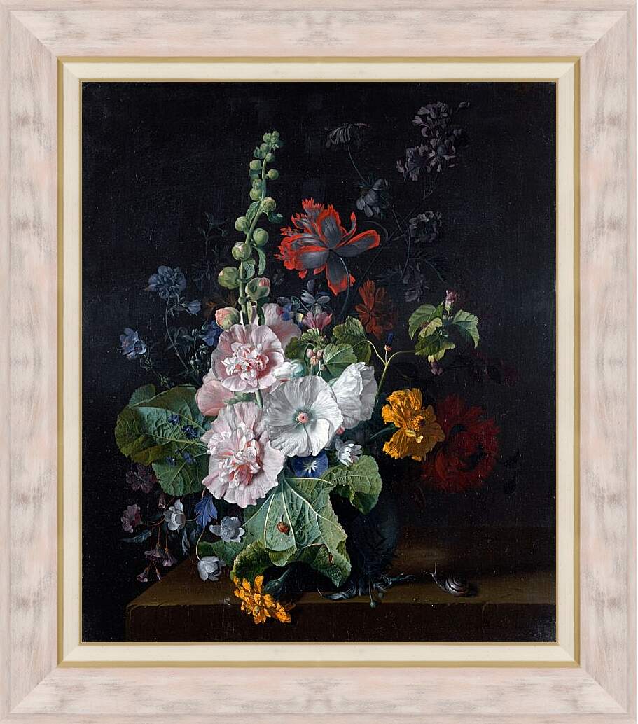 Картина в раме - Штокрозы с другими цветами в вазе. Ян ван Хёйсум