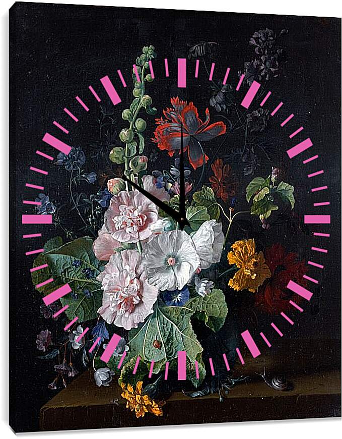 Часы картина - Штокрозы с другими цветами в вазе. Ян ван Хёйсум
