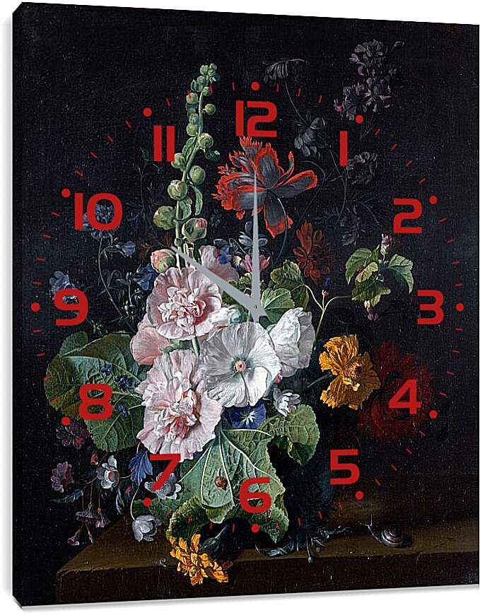 Часы картина - Штокрозы с другими цветами в вазе. Ян ван Хёйсум