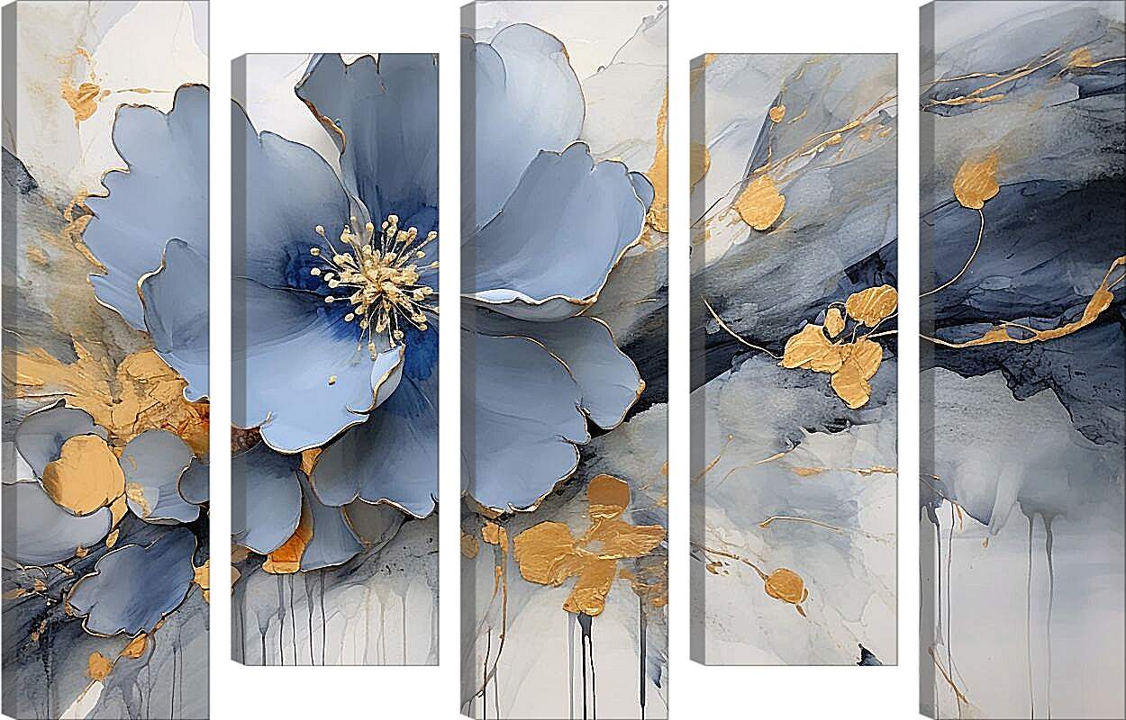Модульная картина - Голубой цветок с золотыми брызгами. Абстракция