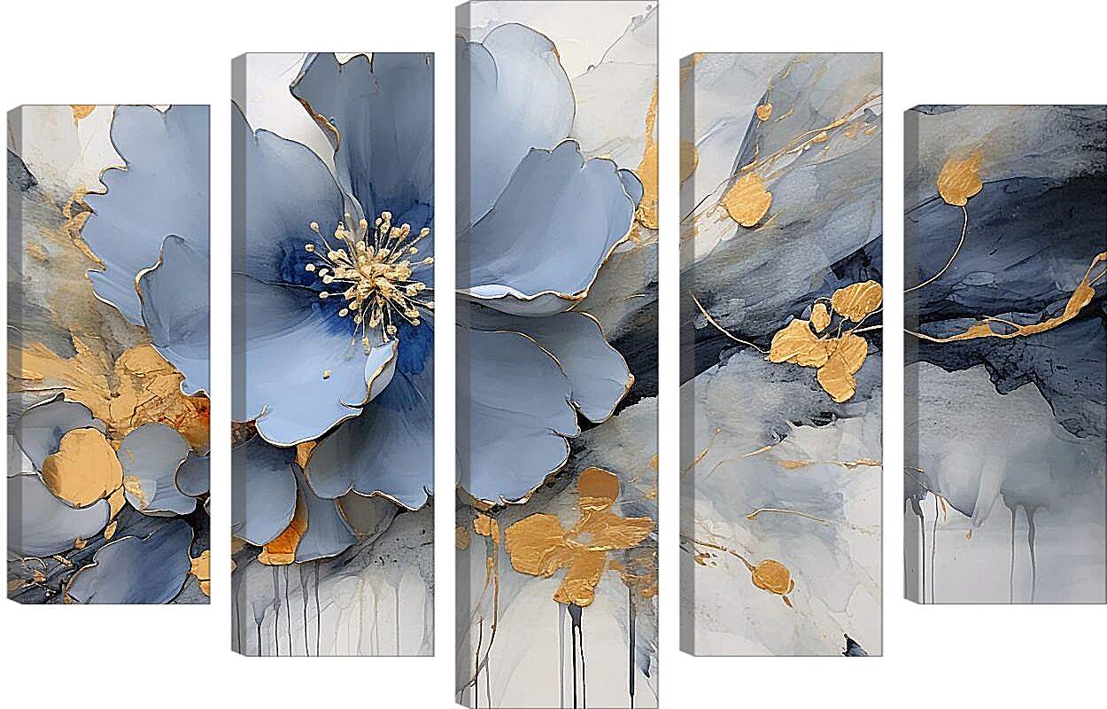 Модульная картина - Голубой цветок с золотыми брызгами. Абстракция