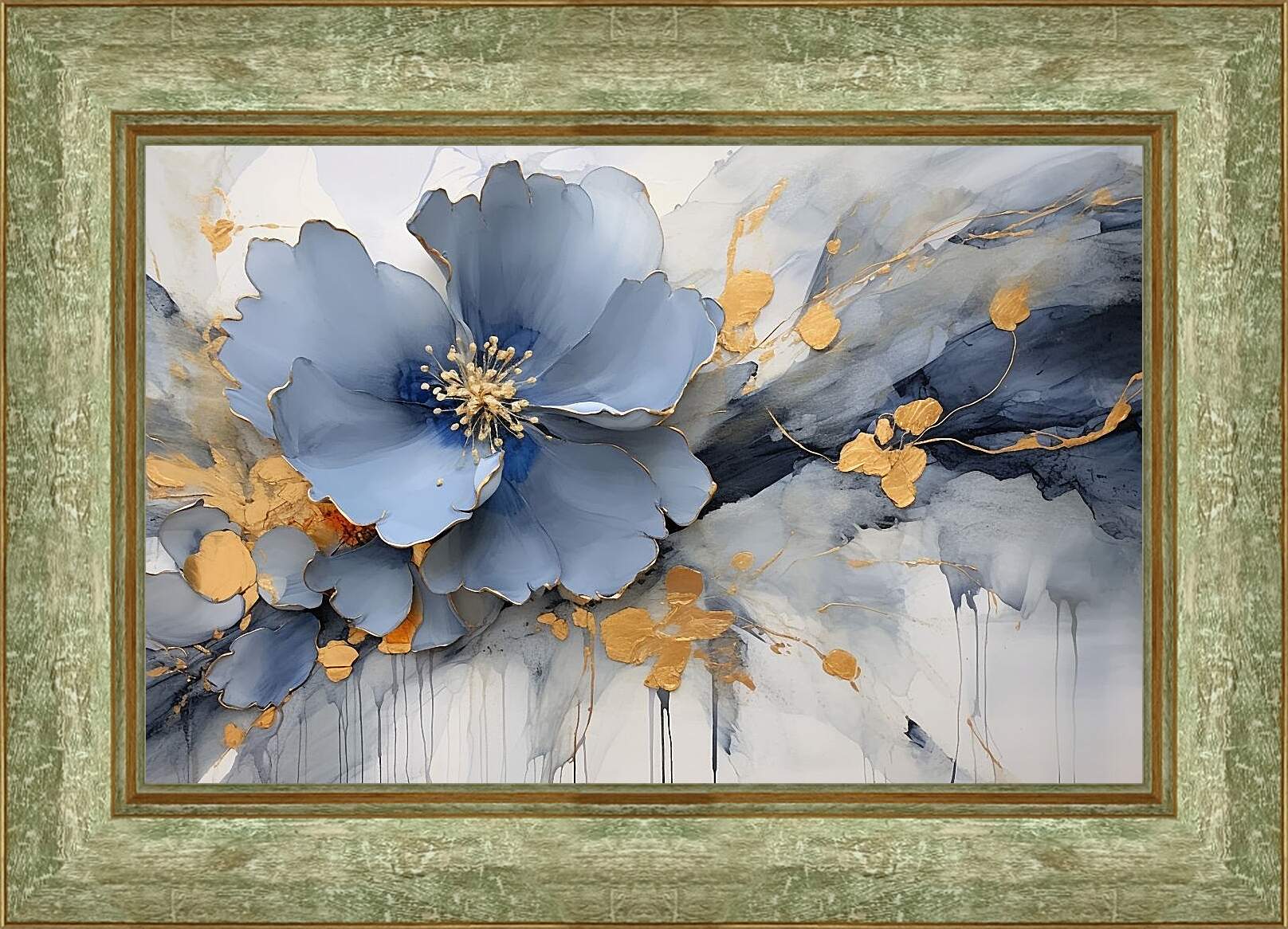 Картина в раме - Голубой цветок с золотыми брызгами. Абстракция