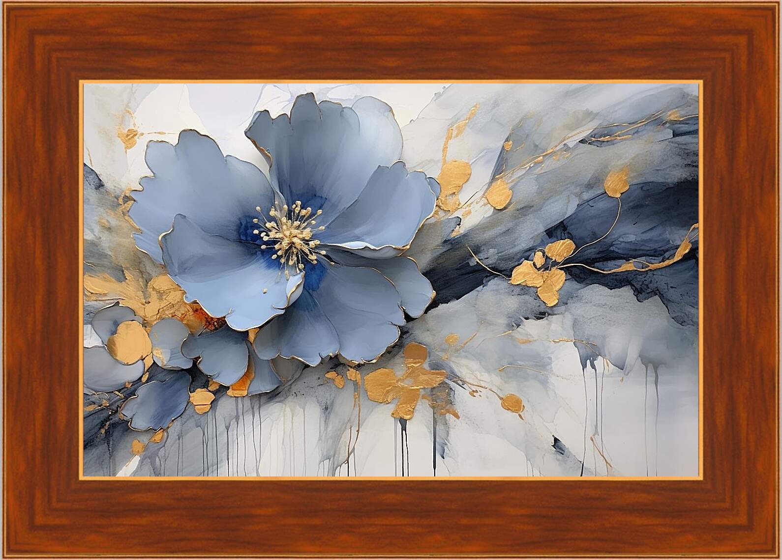 Картина в раме - Голубой цветок с золотыми брызгами. Абстракция