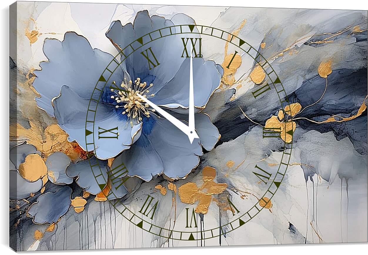 Часы картина - Голубой цветок с золотыми брызгами. Абстракция