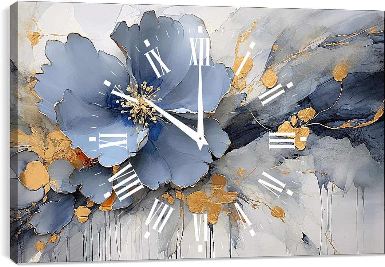 Часы картина - Голубой цветок с золотыми брызгами. Абстракция