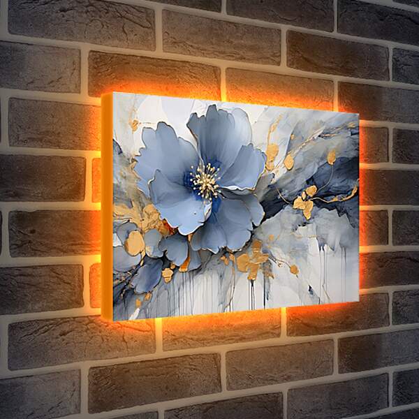 Лайтбокс световая панель - Голубой цветок с золотыми брызгами. Абстракция