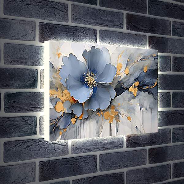 Лайтбокс световая панель - Голубой цветок с золотыми брызгами. Абстракция