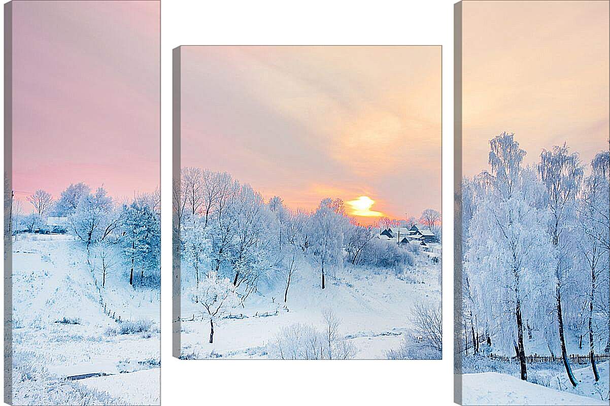 Модульная картина - Вид на зимнюю деревню издалека