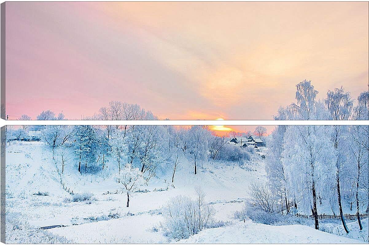 Модульная картина - Вид на зимнюю деревню издалека
