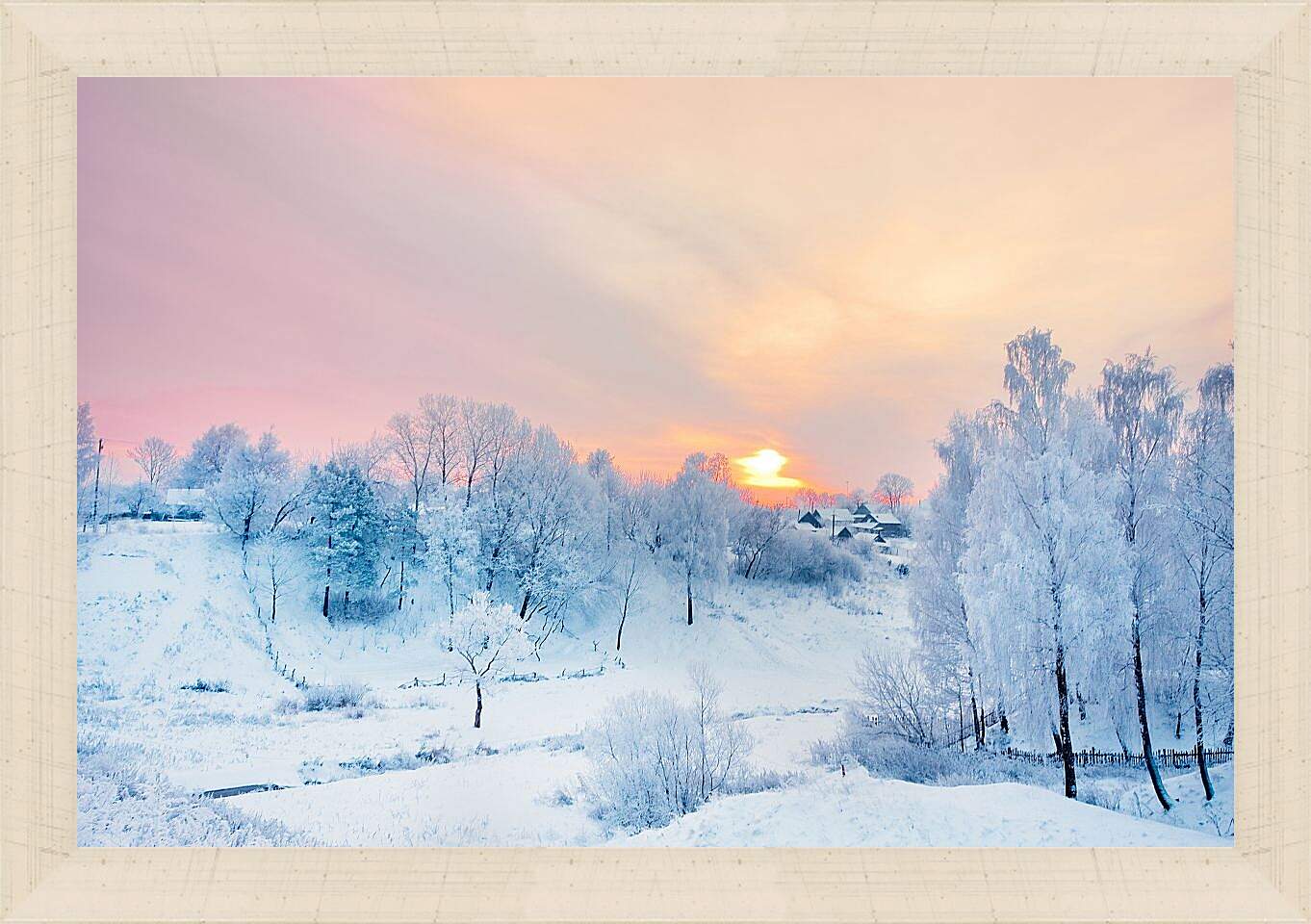 Картина в раме - Вид на зимнюю деревню издалека