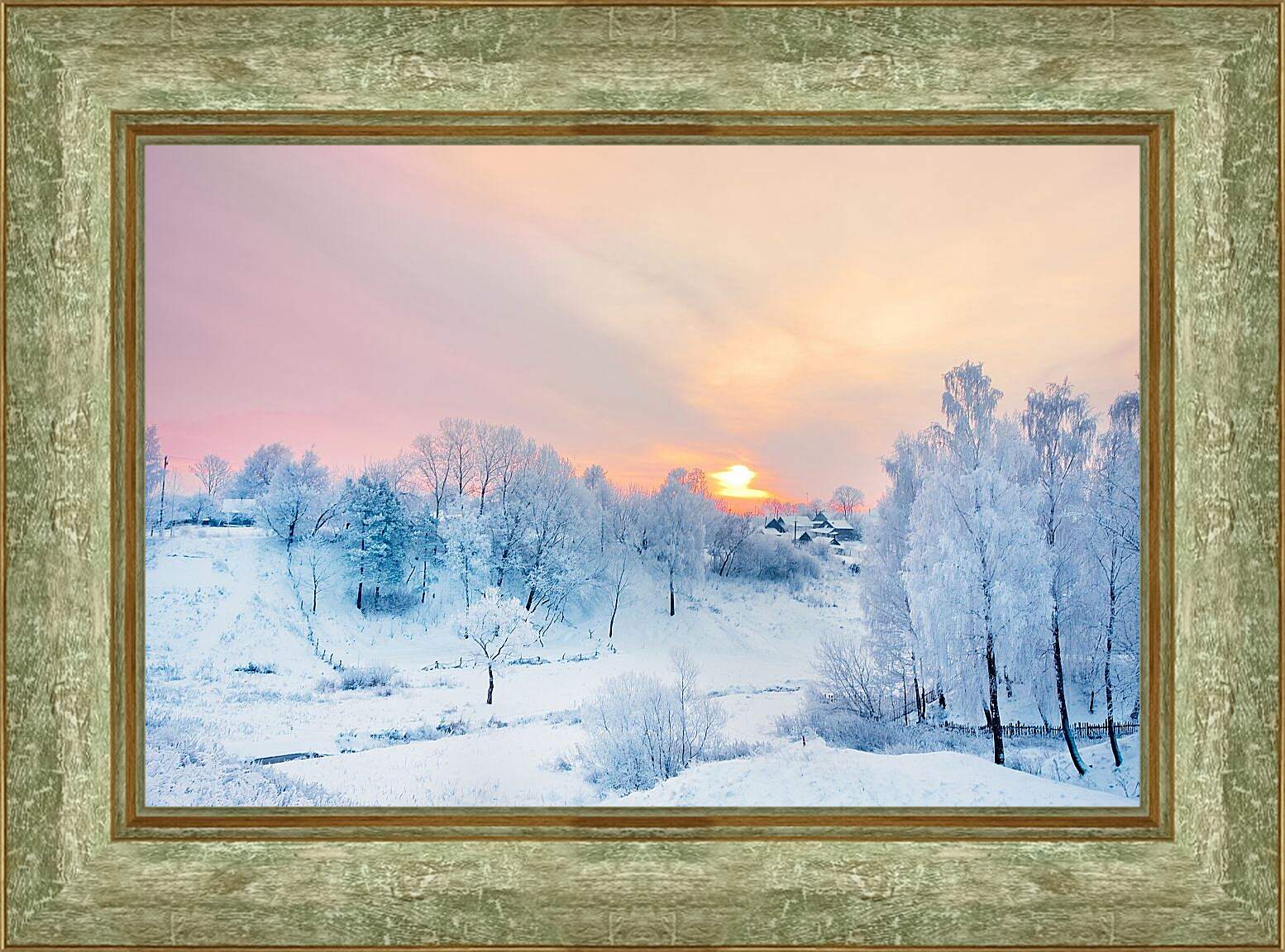 Картина в раме - Вид на зимнюю деревню издалека