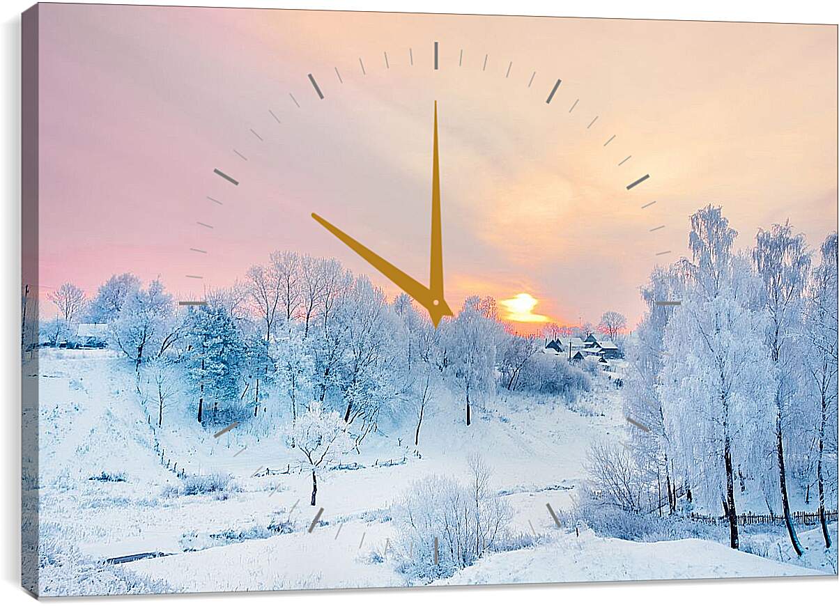 Часы картина - Вид на зимнюю деревню издалека