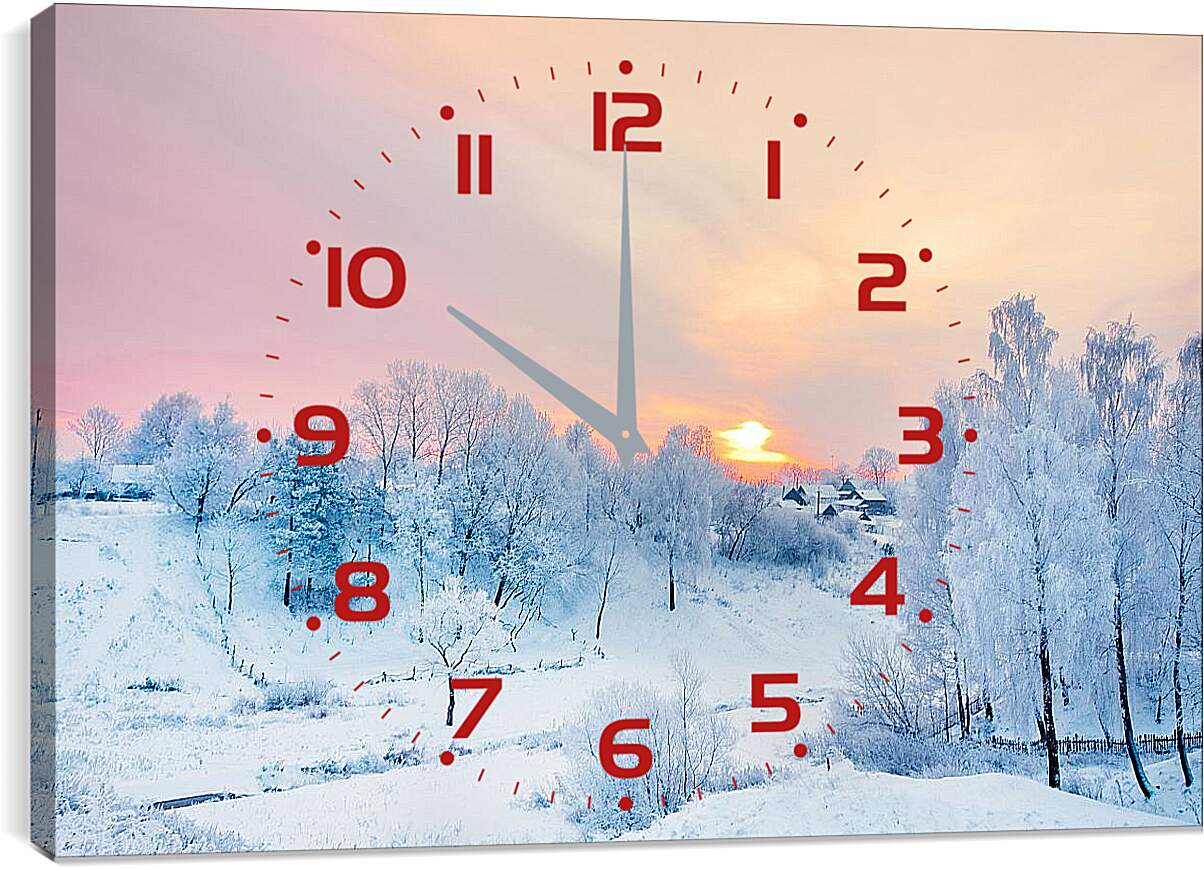 Часы картина - Вид на зимнюю деревню издалека