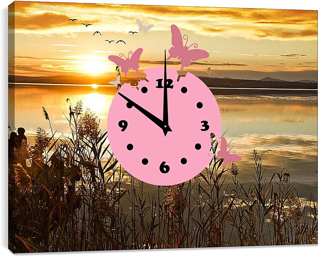 Часы картина - Спокойная вечерняя речка на закате