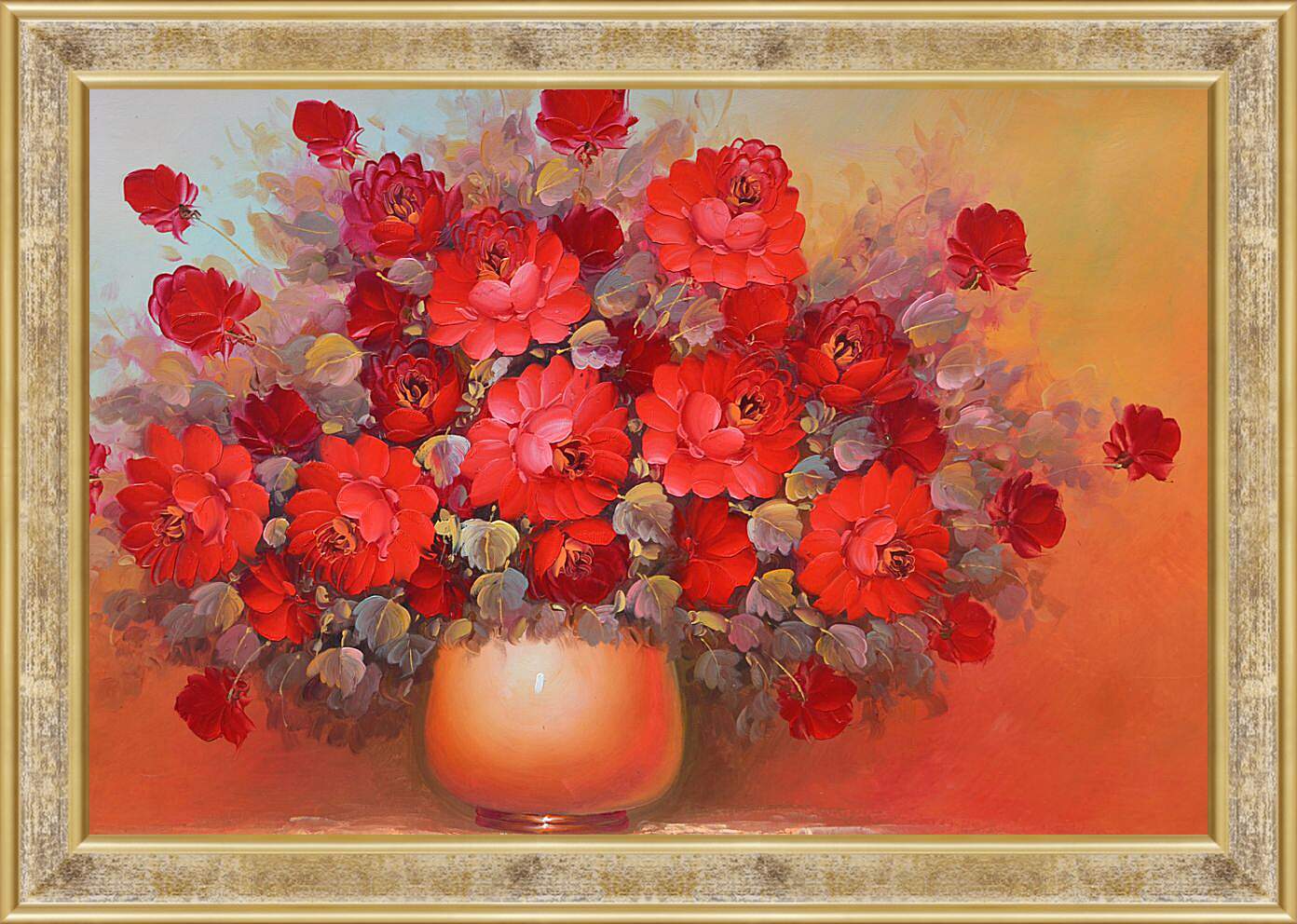 Картина в раме - Красные цветы в вазе
