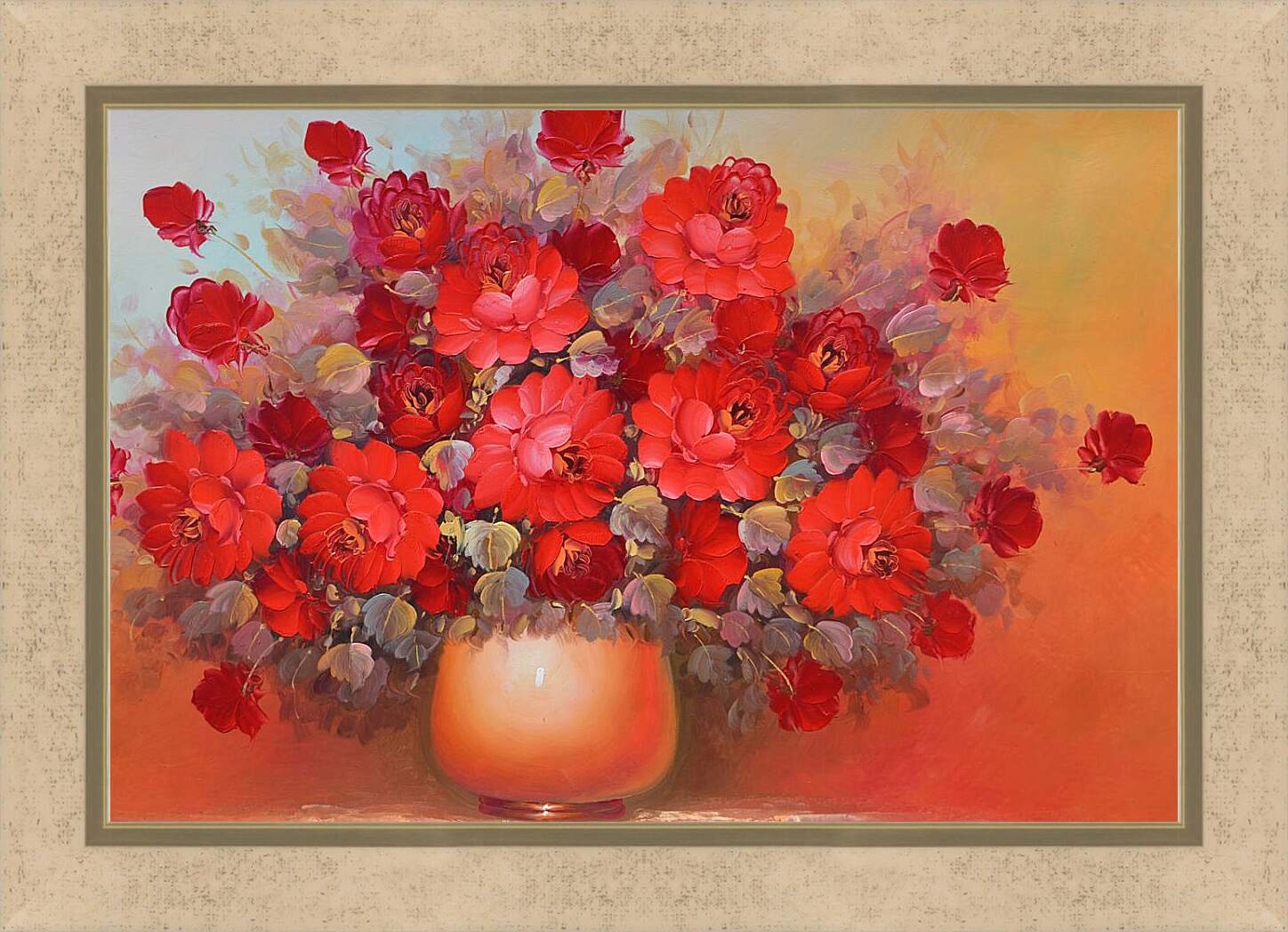 Картина в раме - Красные цветы в вазе