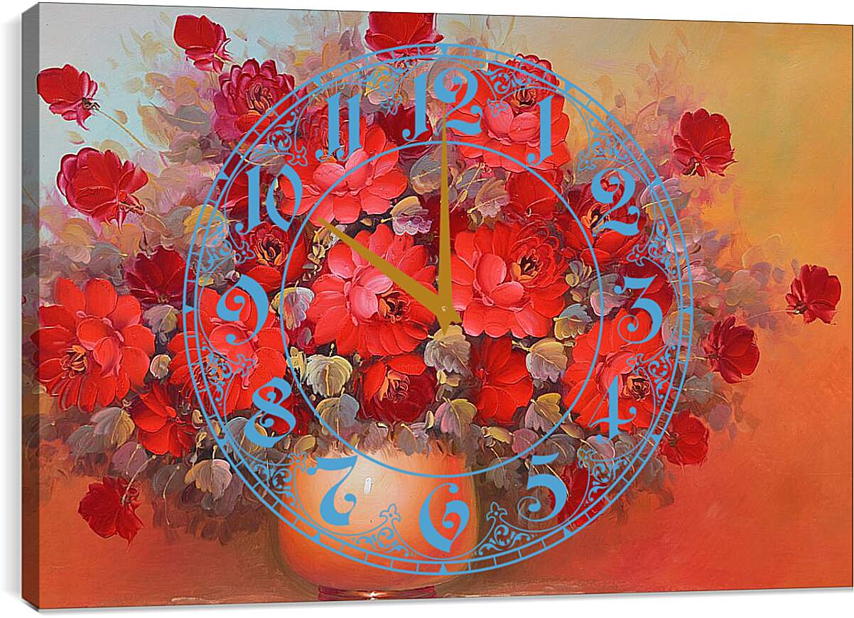 Часы картина - Красные цветы в вазе