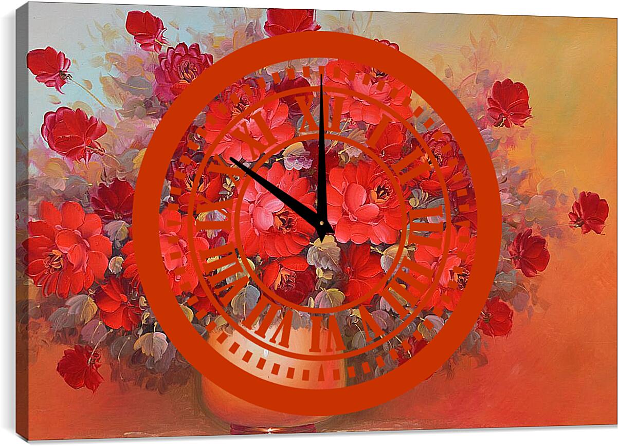 Часы картина - Красные цветы в вазе
