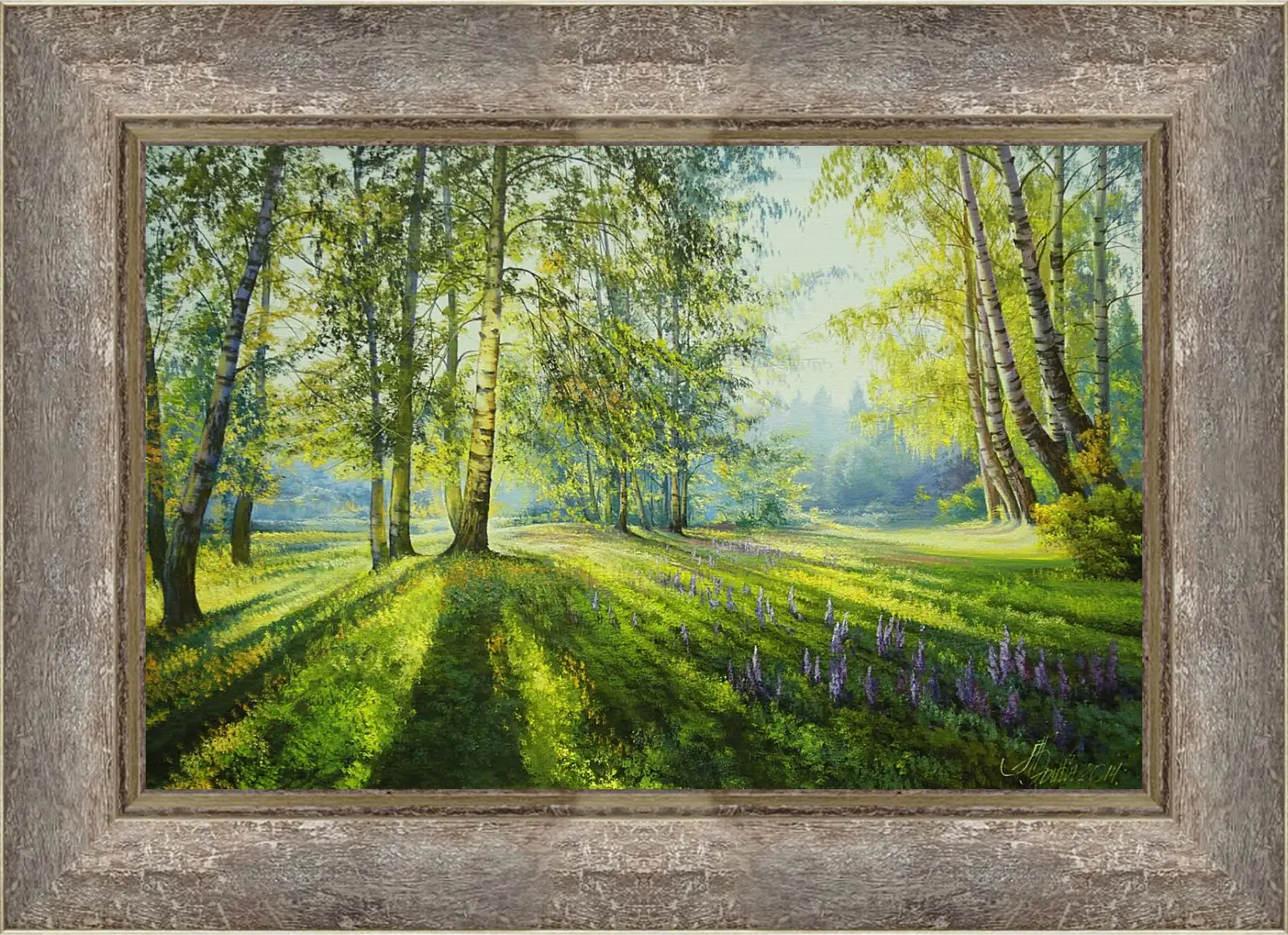 Картина в раме - Лес в солнечных лучах