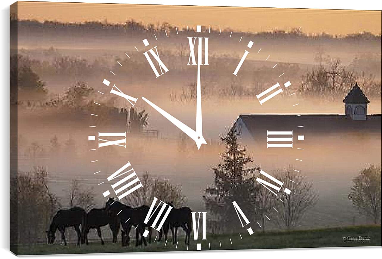 Часы картина - Лошади в деревне