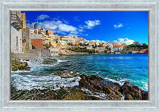 Картина в раме - Греческий городок у моря