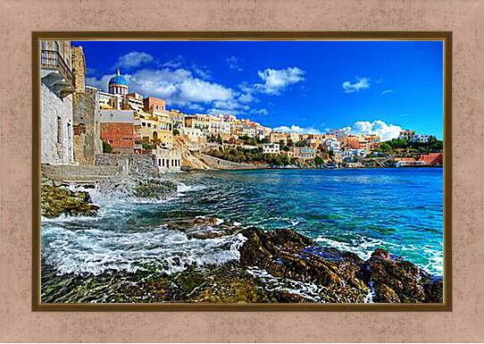 Картина в раме - Греческий городок у моря