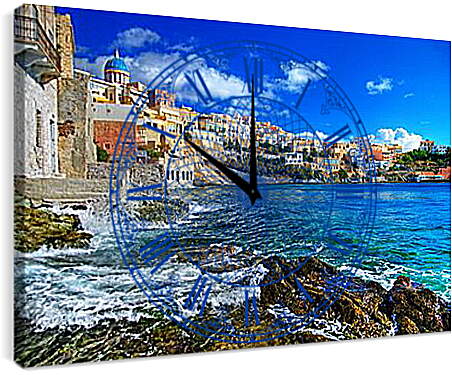 Часы картина - Греческий городок у моря
