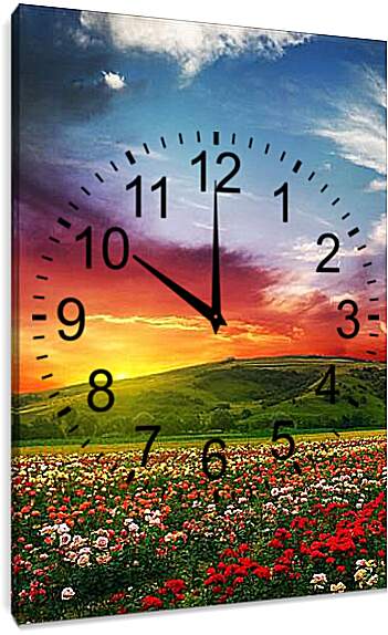 Часы картина - Цветочное поле на закате