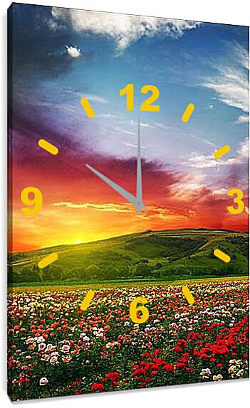 Часы картина - Цветочное поле на закате