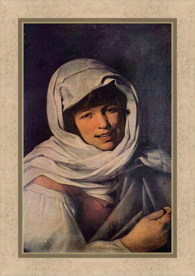Картина в раме - Девушка с монетой (или Галицийская девушка). Бартоломе Эстебан Мурильо