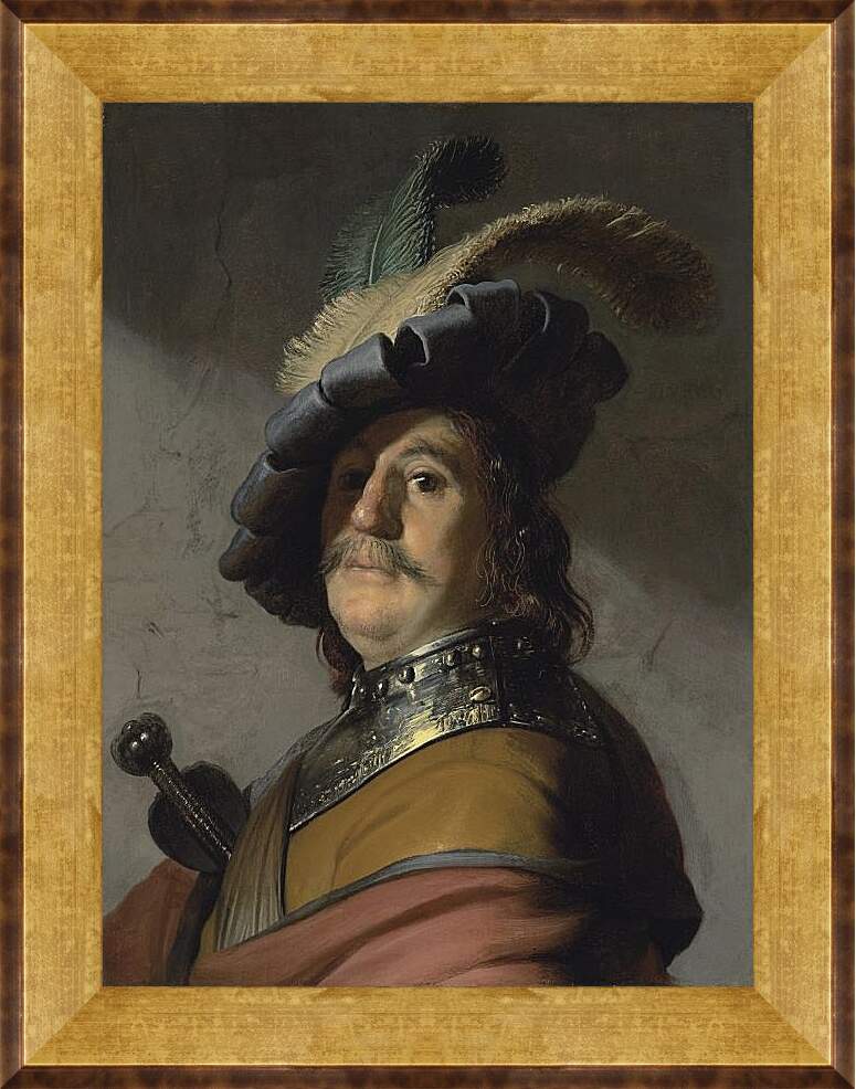 Картина в раме - Портрет мужчины в горжете и берете с перьями. Рембрандт