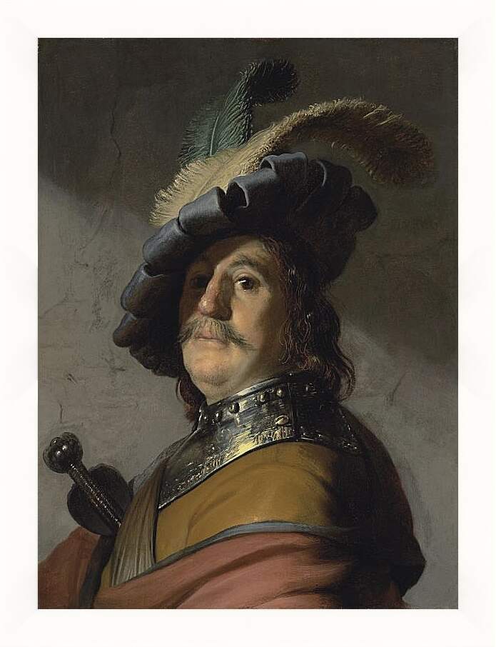 Картина в раме - Портрет мужчины в горжете и берете с перьями. Рембрандт