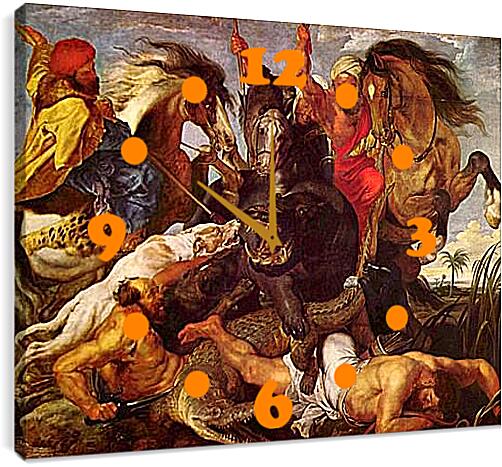 Часы картина - Охота на гиппопотама. Питер Пауль Рубенс