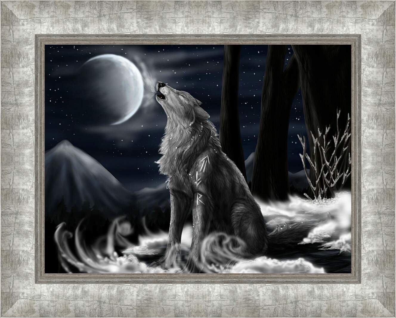 Картина в раме - Волк воет на луну