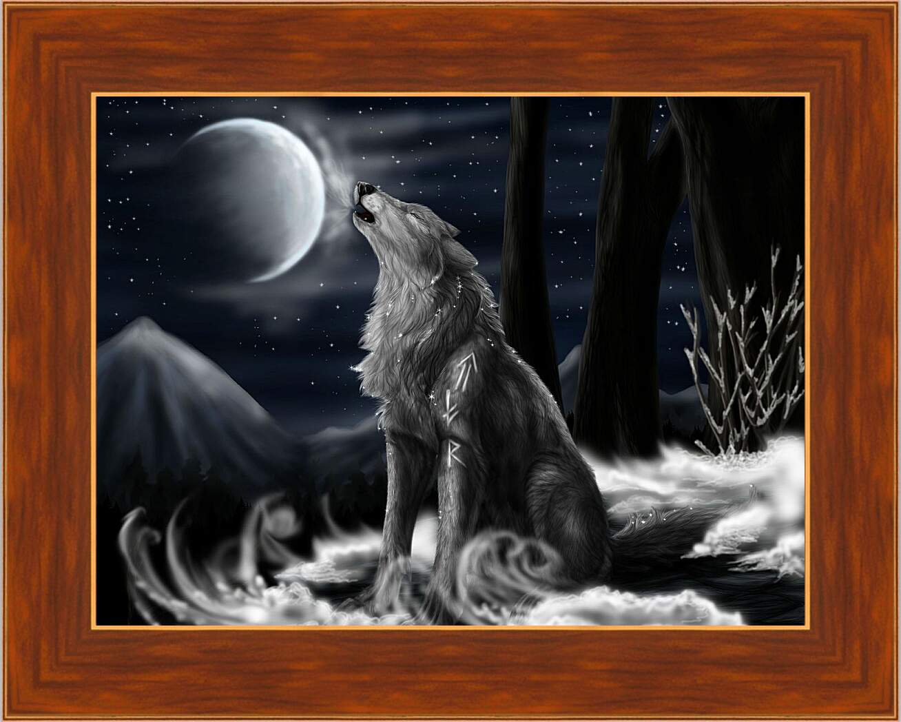 Картина в раме - Волк воет на луну