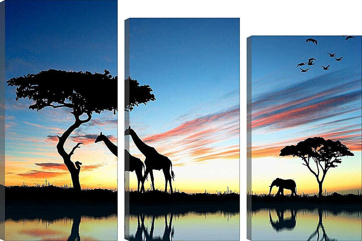 Модульная картина - Жирафы и слон. Закат в африке
