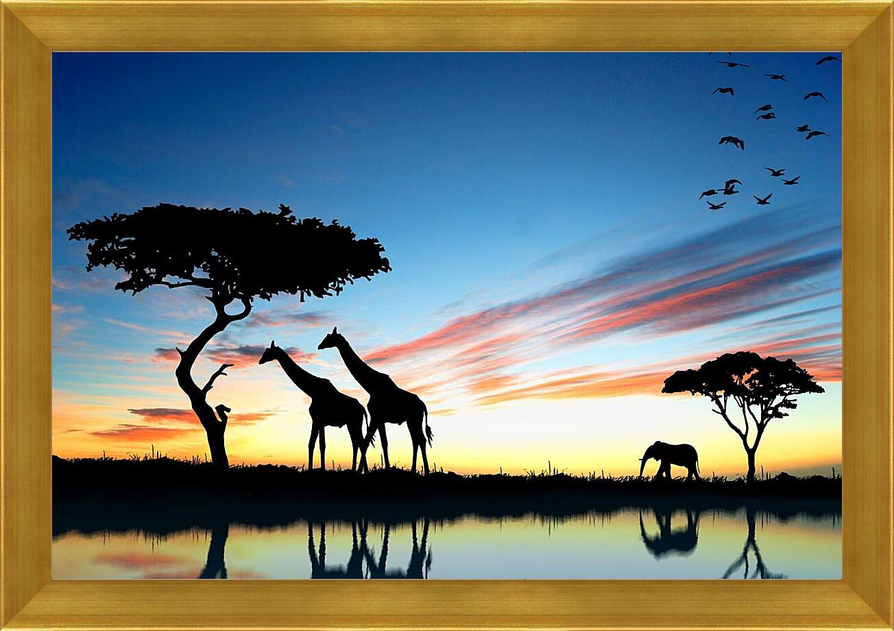 Картина в раме - Жирафы и слон. Закат в африке