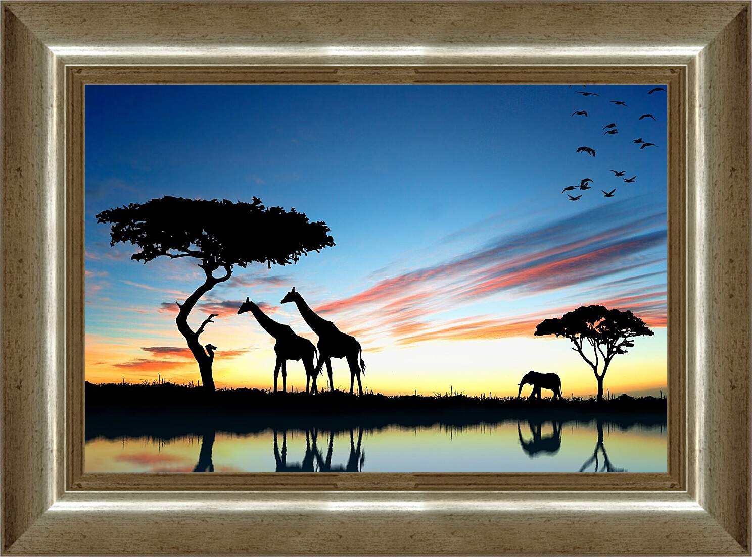 Картина в раме - Жирафы и слон. Закат в африке