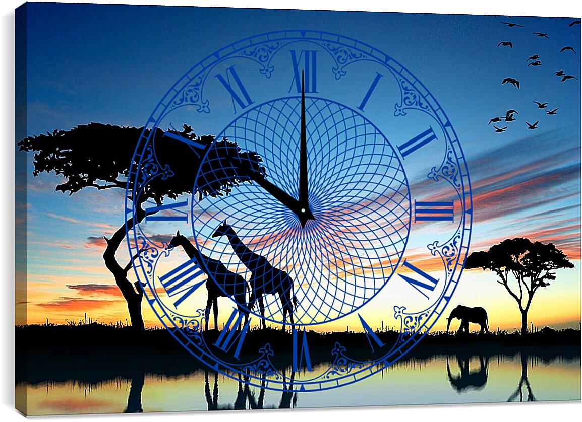 Часы картина - Жирафы и слон. Закат в африке