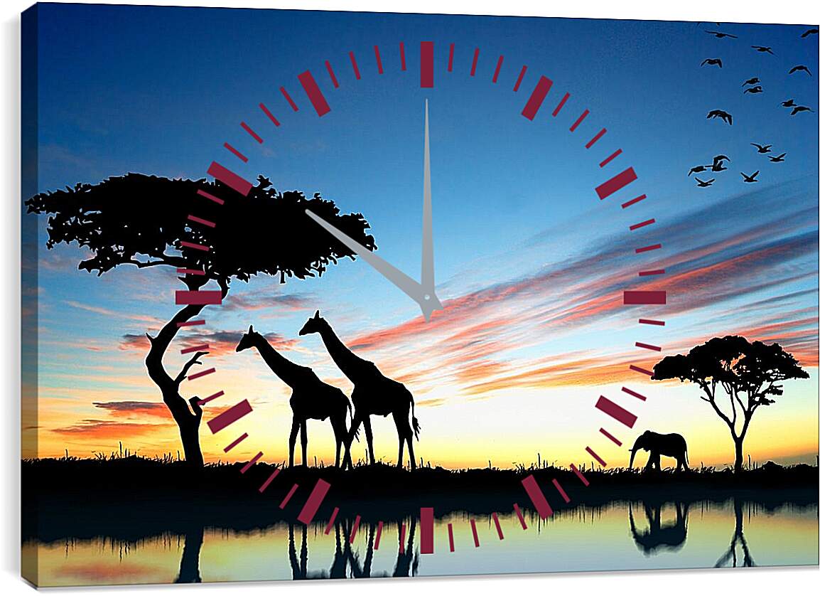 Часы картина - Жирафы и слон. Закат в африке