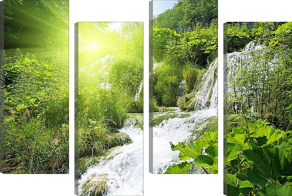 Модульная картина - Водопад в лесу под солнцем