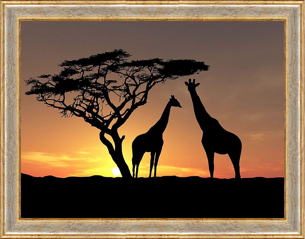 Картина в раме - Пара жирафов на закате
