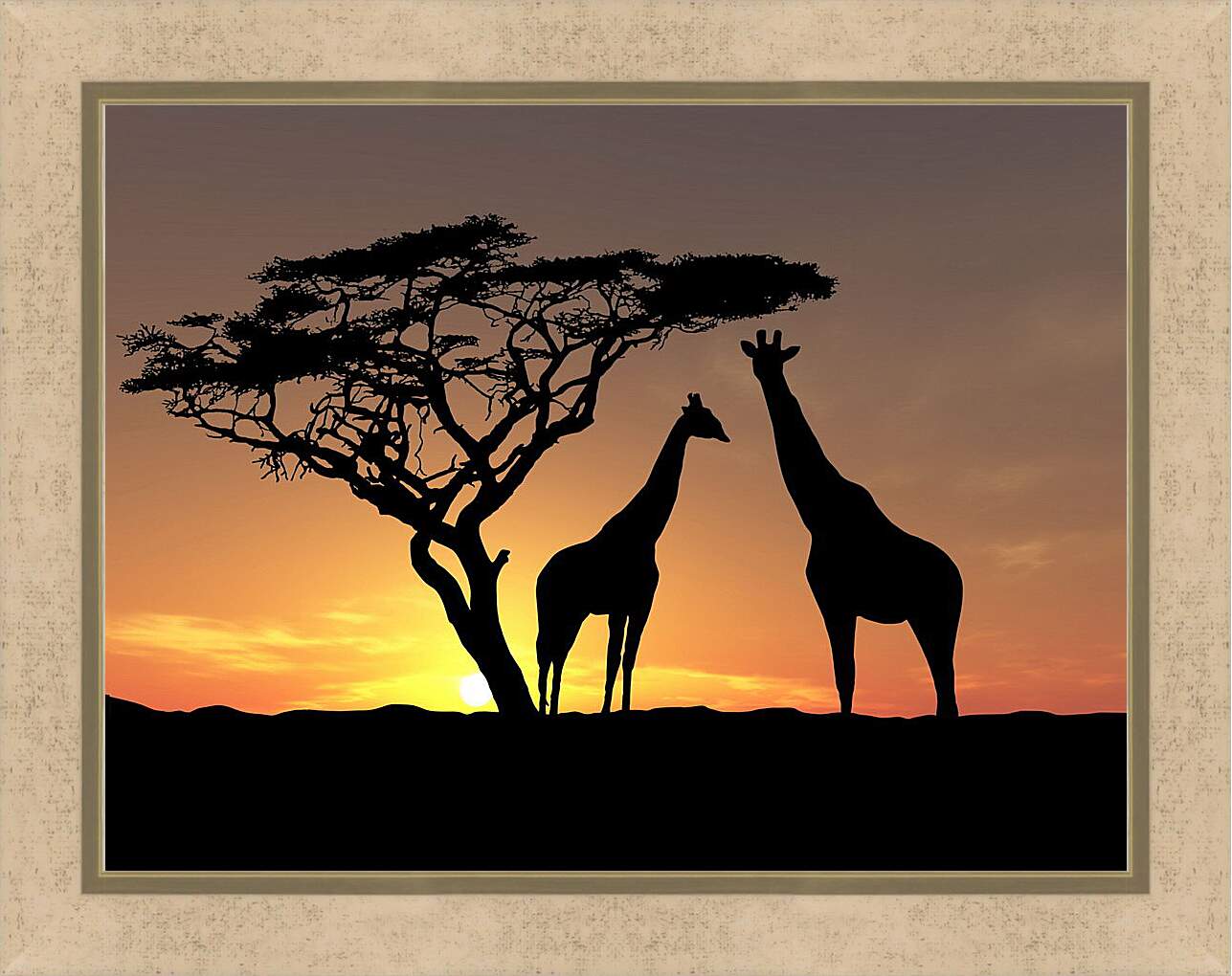 Картина в раме - Пара жирафов на закате
