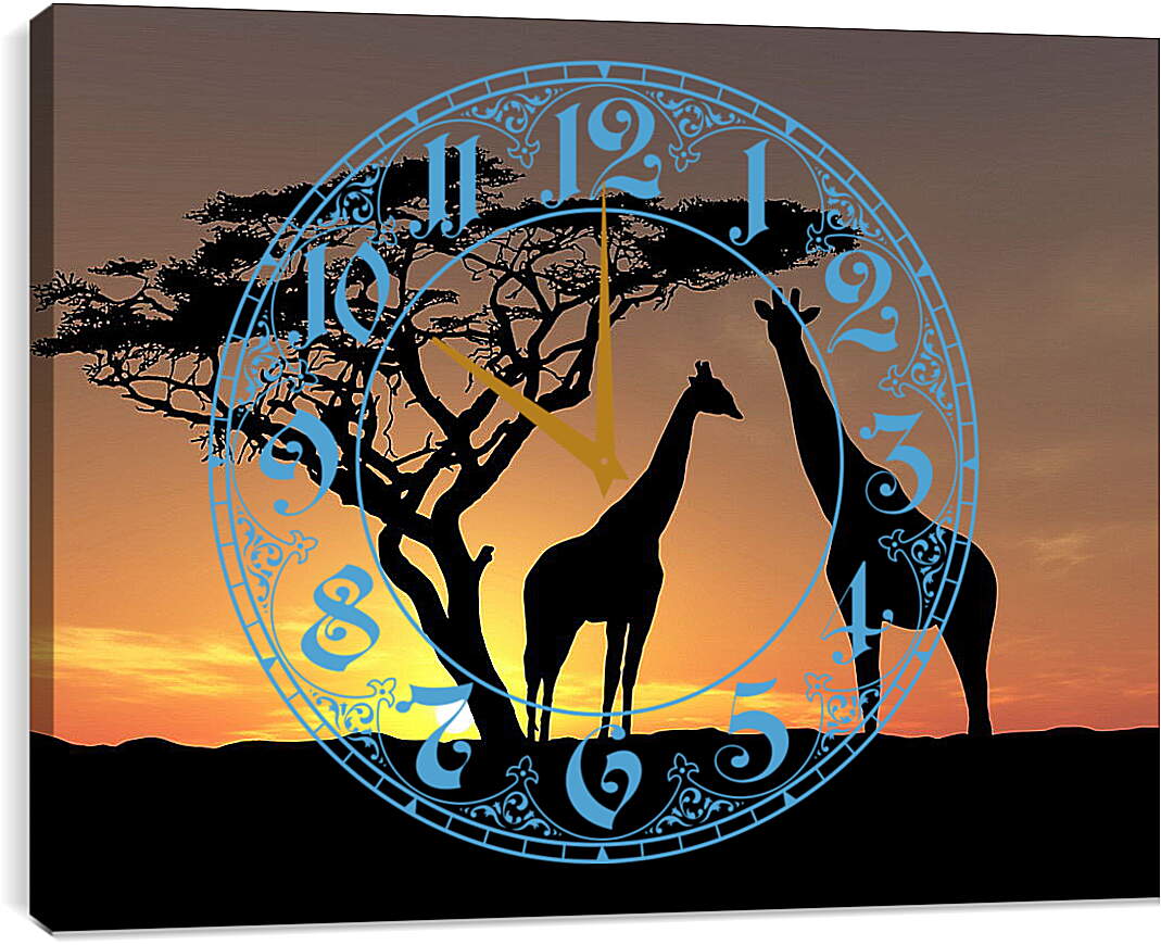Часы картина - Пара жирафов на закате
