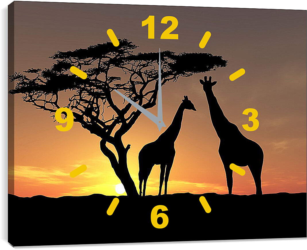 Часы картина - Пара жирафов на закате
