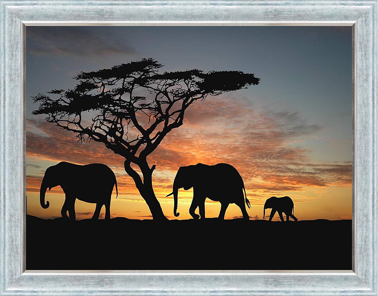 Картина в раме - Семья слонов на закате

