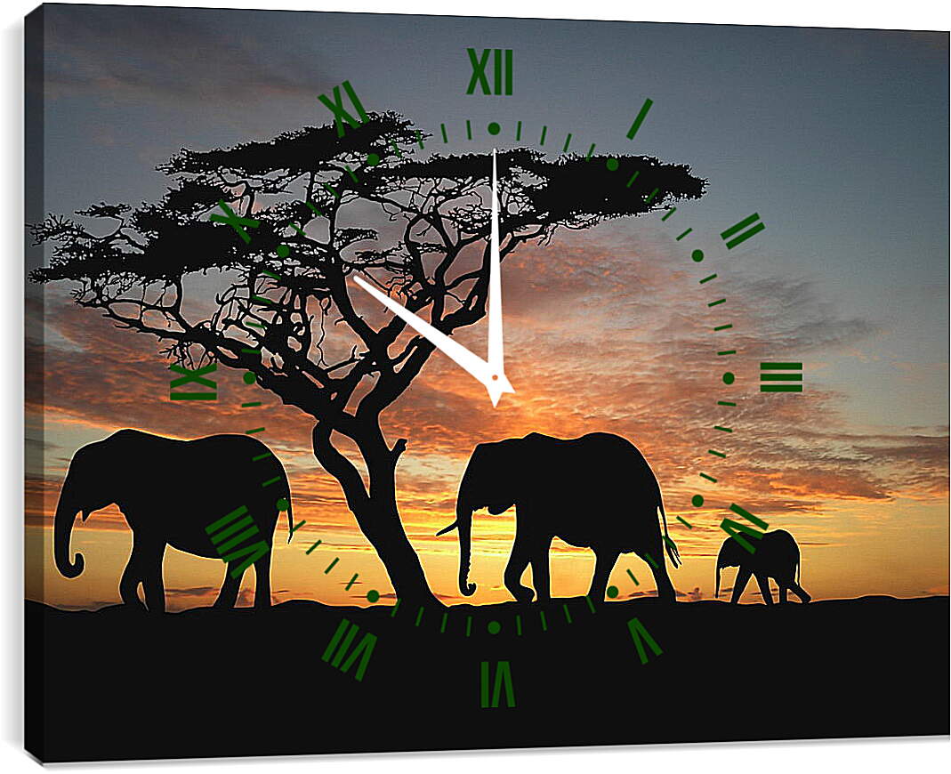 Часы картина - Семья слонов на закате

