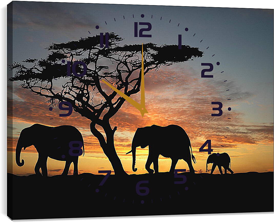Часы картина - Семья слонов на закате
