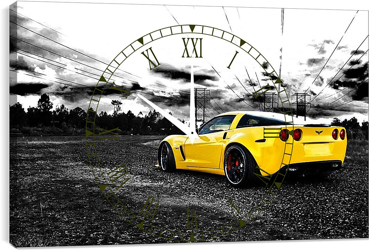 Часы картина - Желтая спортивная машина