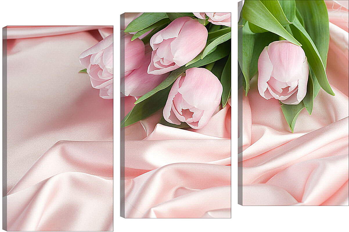 Модульная картина - Нежные тюльпаны на розовом шелке
